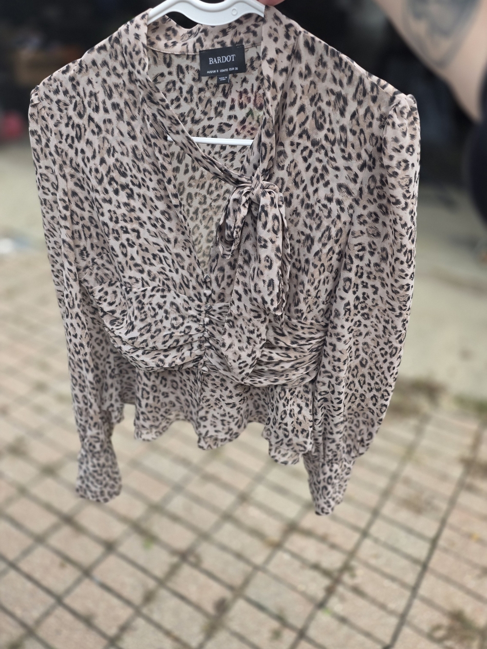 Bardot Sheer Leopard-Print Tie-Neck Blouse